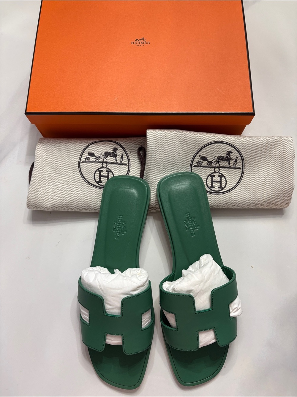 New Hermes Green Oran Slide Sandals